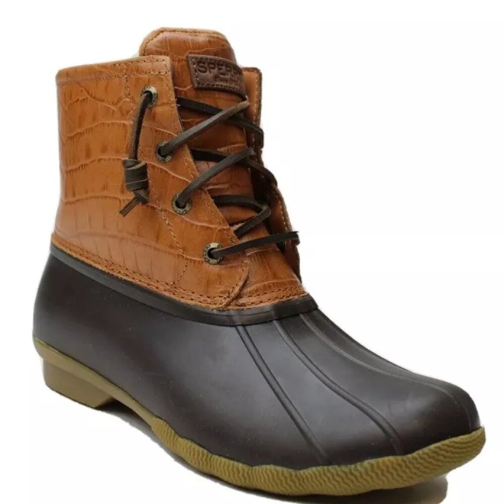 NEW Sperry Top-Sider Women's 8 Croc Leather Duck Boot TAN/ Dark Brown